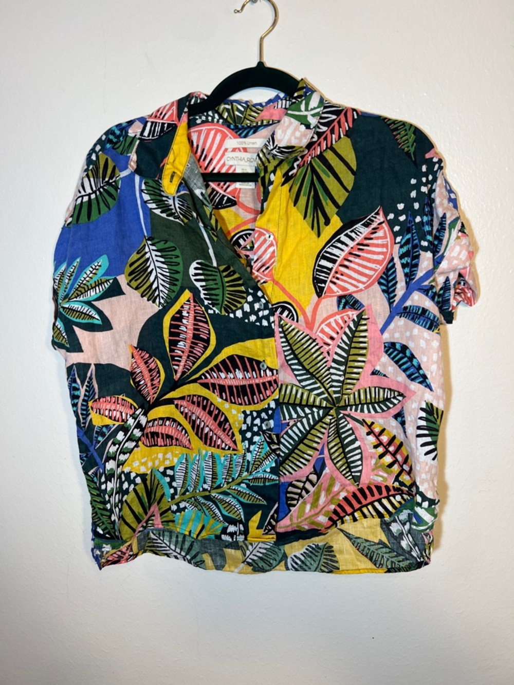 Cynthia Rowley Multicolor Tropical Print Short-Sleeve Linen Button Down Shirt S